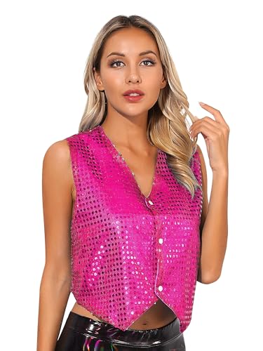 Xnihocha Damen Glitzer Pailletten Weste Ärmellos Mantel Disco Karneval Kostüm Rave Outfit Paillettenweste Glänzend Gilet für Party Tanz Hot Pink Einheitsgröße von Xnihocha