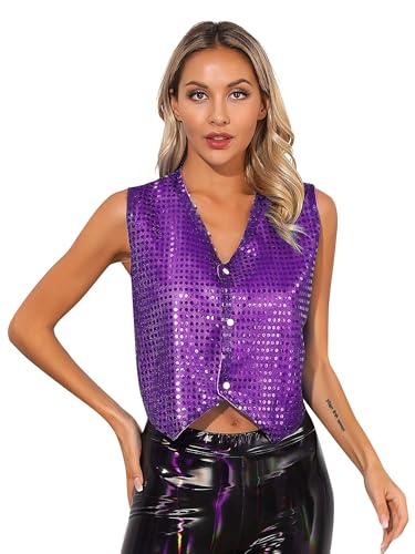 Xnihocha Damen Glitzer Pailletten Weste Ärmellos Mantel Disco Karneval Kostüm Rave Outfit Paillettenweste Glänzend Gilet für Party Tanz Violett Einheitsgröße von Xnihocha