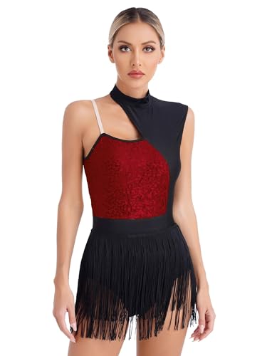 Xnihocha Damen Latein Tanzkleid Glitzer ärmellos Latein Tanztrikot Ballettanzug Kontrast Farbe Tanzbody mit Fransen Tanzkostüm Burgundy XL von Xnihocha