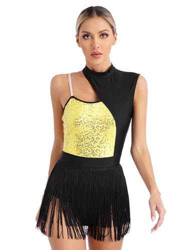 Xnihocha Damen Latein Tanzkleid Glitzer ärmellos Latein Tanztrikot Ballettanzug Kontrast Farbe Tanzbody mit Fransen Tanzkostüm Gold M von Xnihocha