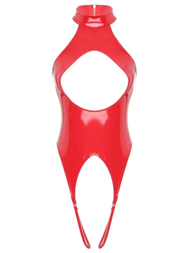 Xnihocha Damen Wetlook Bodysuit Einteiler Ärmellos Stringbody Jumpsuit Offen Schritt Catsuit Erotik Baby Dolls Dessous Rot S von Xnihocha