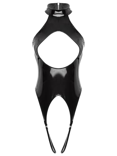 Xnihocha Damen Wetlook Bodysuit Einteiler Ärmellos Stringbody Jumpsuit Offen Schritt Catsuit Erotik Baby Dolls Dessous Schwarz XL von Xnihocha