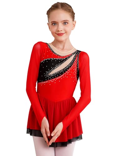 Xnihocha Eiskunstlauf-Kleid Kinder Mädchen Glitzernde Ballett Tanzkleid Langarm Turnbody Balletttrikot mit Röckchen Tanzbekleidung Rot 158-164 von Xnihocha