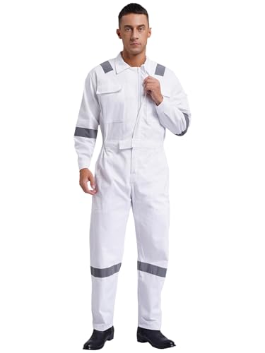 Xnihocha Herren Arbeitsoverall Overall Langarm Einteiler Arbeitsanzug aus 100% Baumwolle Reflektierende Streifen Lang Jumpsuit Weiß L von Xnihocha