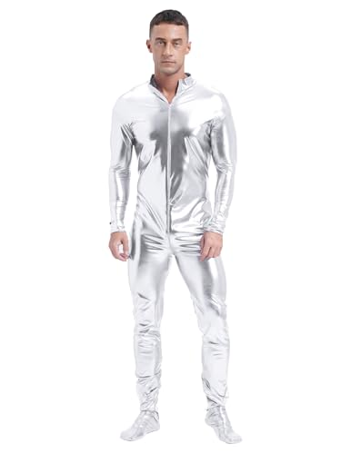 Xnihocha Herren Metallic Ganzkörperanzug Langarm Bodysuit Overall Einteiler Jumpsuit mit Front Zipper Glanzanzug Silber L von Xnihocha