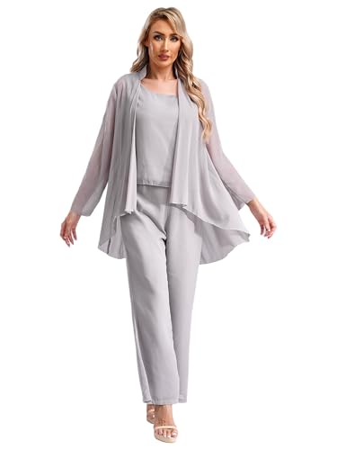 Xnihocha Hosenanzug Damen Festlich Anzug Set Chiffon Shirt +Tank Top+ Lange Hose Weites Bein Anzughose Tüll Abendanzug für Hochzeit Cocktail Party Grau M von Xnihocha