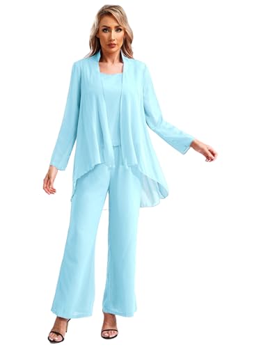Xnihocha Hosenanzug Damen Festlich Anzug Set Chiffon Shirt +Tank Top+ Lange Hose Weites Bein Anzughose Tüll Abendanzug für Hochzeit Cocktail Party Himmelblau XL von Xnihocha