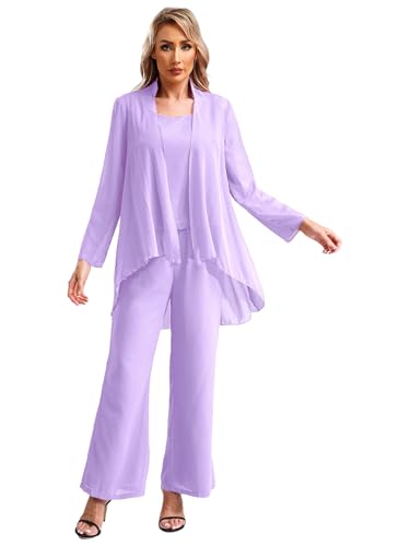 Xnihocha Hosenanzug Damen Festlich Anzug Set Chiffon Shirt +Tank Top+ Lange Hose Weites Bein Anzughose Tüll Abendanzug für Hochzeit Cocktail Party Lavendel 3XL von Xnihocha