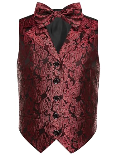 Xnihocha Jungen Kinder Gentleman Anzug Ärmellos Jacquard-Muster Weste mit Fliege Formelles Tank Top Smoking Outfits Burgundy 122-128 von Xnihocha