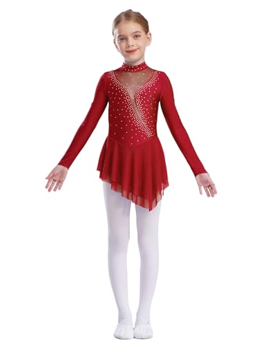 Xnihocha Kinder Mädchen Ballettkleid Langarm Strass Eiskunstlauf-Kleid Rollkunstlauf Tanz Leotard Ballettkleidung Burgundy 134-140 von Xnihocha