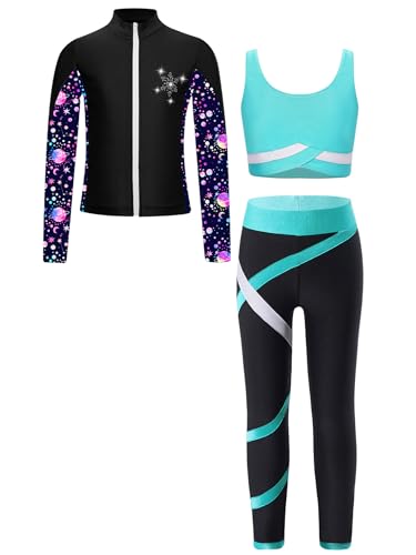 Xnihocha Kinder Mädchen Trainingsanzug Set 3tlg Langarm Sweatjacke +Crop Tops+Colorblock Leggings Teenager Jogginganzug Outfits Blau Grün 146-152 von Xnihocha