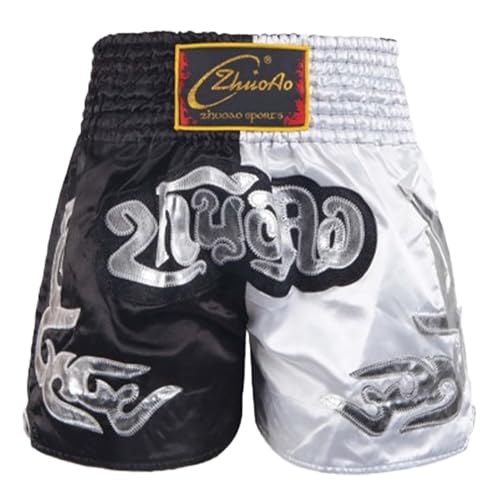 Xnihocha Kinder Muay Thai Boxen Short Hose Jungen Boxhosen Kickboxen MMA Kampfsport Boxhosen Fitnessstudio Training Schwarz-Weiss 158-164 von Xnihocha