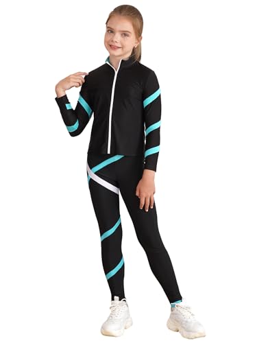 Xnihocha Kinder Sportbekleidung Mädchen Trainingsanzug Eislaufen Set Langarm Sportjacker + Sporthosen Zweiteiliges Laufen Fitness Outfits Blau Grün 134-140 von Xnihocha
