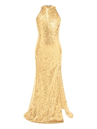 Xnihocha Mädchen Ärmelloses Pailletten Kleid Hohe Taille Party Kleider Mit Split Prinzessin Festzug Kleider Ballkleid Gold 170 von Xnihocha