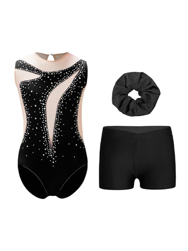 Xnihocha Mädchen Glitzer Turnanzug Ärmellose Dreiteilige Gymnastikbody mit Short Kopfbedeckung Ballettanzug Tanzkostüm Schwarz 134-140 von Xnihocha