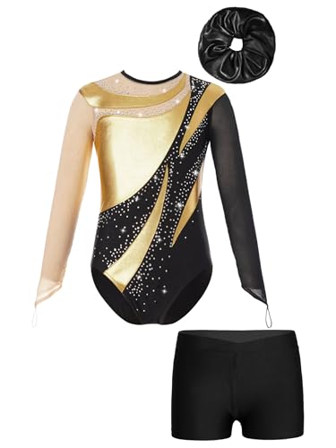 Xnihocha Mädchen Gymnastikanzug für Kinder Langarm Turnanzug Ballettanzug mit kurzer Hose Haarband 3-teiliger Tanz Outfits Gold & Schwarz 170 von Xnihocha