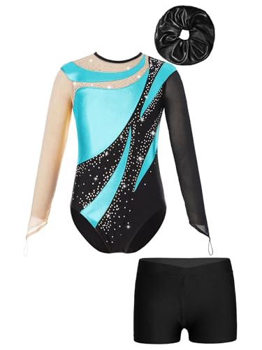 Xnihocha Mädchen Gymnastikanzug für Kinder Langarm Turnanzug Ballettanzug mit kurzer Hose Haarband 3-teiliger Tanz Outfits Türkis und Schwarz 134-140 von Xnihocha