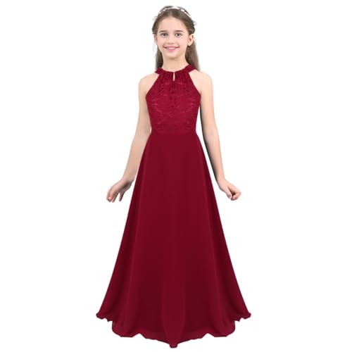 Xnihocha Mädchen Kleid Ärmellos Spitze Blumenmädchenkleid Neckholder Festlich Lang Ballkleid Prinzessin Brautjungfer Geburtstag Partykleid Burgundy 170 von Xnihocha