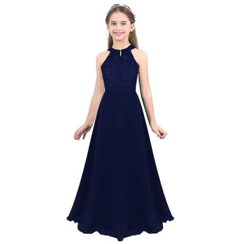 Xnihocha Mädchen Kleid Ärmellos Spitze Blumenmädchenkleid Neckholder Festlich Lang Ballkleid Prinzessin Brautjungfer Geburtstag Partykleid Navy blau 146-152 von Xnihocha