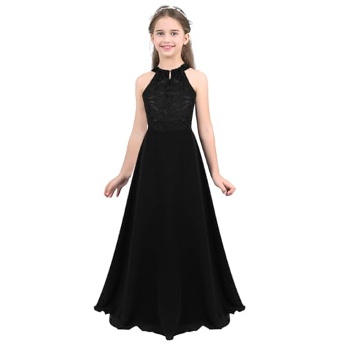 Xnihocha Mädchen Kleid Ärmellos Spitze Blumenmädchenkleid Neckholder Festlich Lang Ballkleid Prinzessin Brautjungfer Geburtstag Partykleid Schwarz 158-164 von Xnihocha