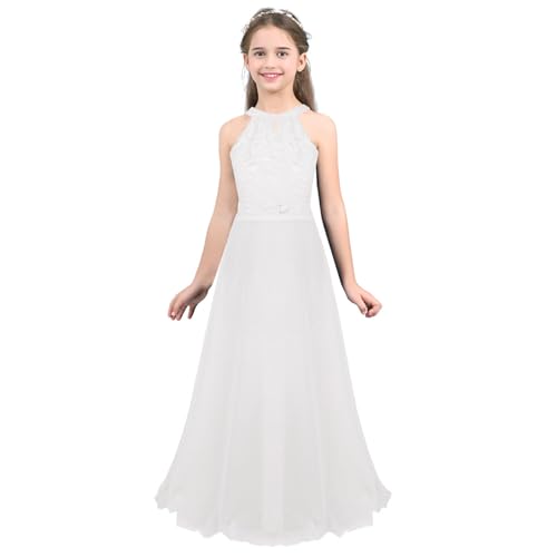 Xnihocha Mädchen Kleid Ärmellos Spitze Blumenmädchenkleid Neckholder Festlich Lang Ballkleid Prinzessin Brautjungfer Geburtstag Partykleid Weiß 146-152 von Xnihocha