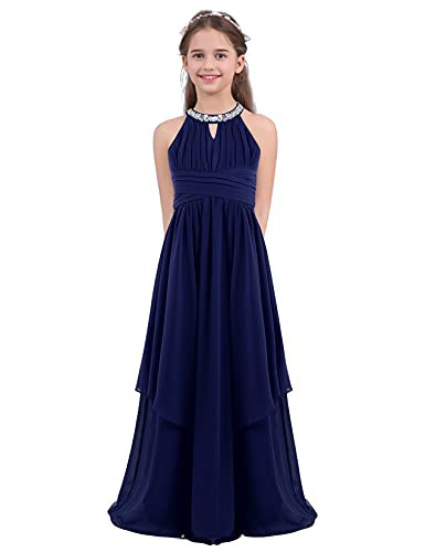 Xnihocha Mädchen Kleider Festlich Prinzessin Kleid Ärmellos Neckholder Blumenmädchenkleid Chiffon Brautjungferkleid A Linien Lange Ballkleid Marineblau 134-140 von Xnihocha