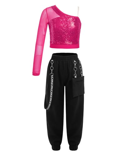 Xnihocha Mädchen Kostüm-Sets Hip Hop Tanzkleidung Kinder Pailletten Langarm Tanzshirts mit Hosen Fitness Tanzanzug Hot Pink 146-152 von Xnihocha