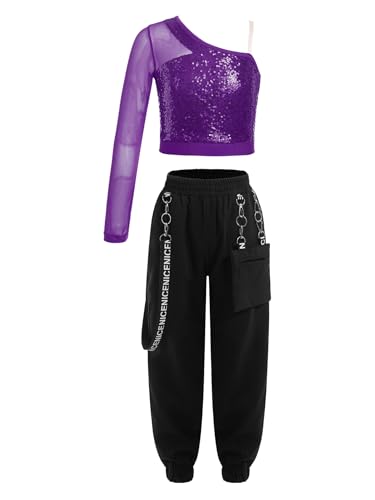 Xnihocha Mädchen Kostüm-Sets Hip Hop Tanzkleidung Kinder Pailletten Langarm Tanzshirts mit Hosen Fitness Tanzanzug Violett 146-152 von Xnihocha