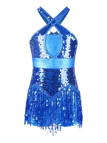 Xnihocha Mädchen Latein Tanz Kleid Glitzer Pailletten Fransen Kleid mit Quastenrock für Kinder Ärmellos Ballett Tango Rumba Tanzkleidung Blau 170 von Xnihocha