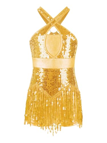 Xnihocha Mädchen Latein Tanz Kleid Glitzer Pailletten Fransen Kleid mit Quastenrock für Kinder Ärmellos Ballett Tango Rumba Tanzkleidung Gold 158-164 von Xnihocha