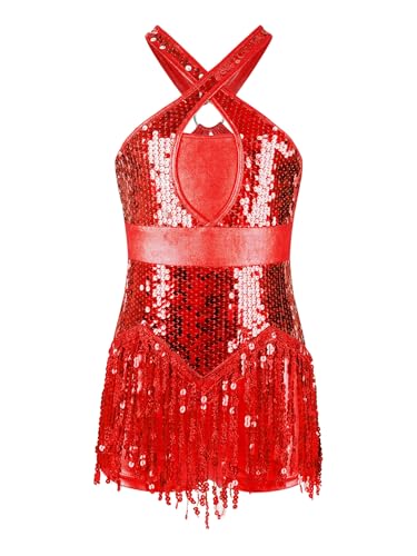 Xnihocha Mädchen Latein Tanz Kleid Glitzer Pailletten Fransen Kleid mit Quastenrock für Kinder Ärmellos Ballett Tango Rumba Tanzkleidung Rot 122-128 von Xnihocha