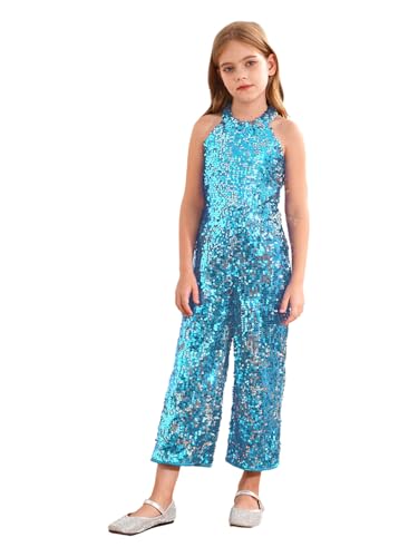 Xnihocha Mädchen Pailletten Jumpsuit Elegant Sommer Ärmellos Hosenanzug Hohe Taille Romper Party Kleidung Lang Overall Himmelblau 134-140 von Xnihocha