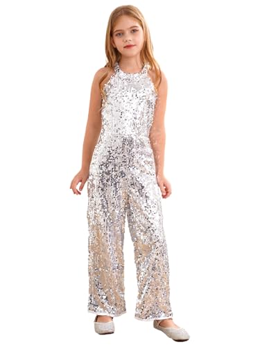 Xnihocha Mädchen Pailletten Jumpsuit Elegant Sommer Ärmellos Hosenanzug Hohe Taille Romper Party Kleidung Lang Overall Silber 146-152 von Xnihocha