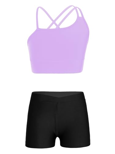 Xnihocha Mädchen Sport Crop Top und Kurze Hose Kinder Kurz Trainingsanzug Zweiteiler Sport Set Fitness Ballet Gymnastik Tanzbekleidung Lavendel & Schwarz 134-140 von Xnihocha