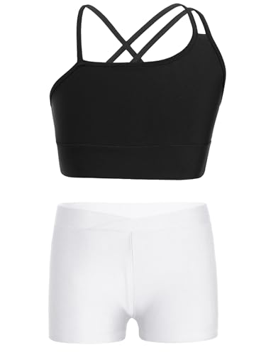 Xnihocha Mädchen Sport Crop Top und Kurze Hose Kinder Kurz Trainingsanzug Zweiteiler Sport Set Fitness Ballet Gymnastik Tanzbekleidung Schwarz-Weiss 146-152 von Xnihocha