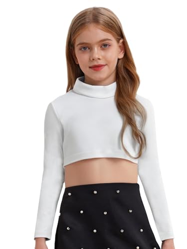 Xnihocha Mädchen Tanz Langarm Crop Tank Top Rollkragen Top Bauchfrei Einfarbig Sportshirt Kurz Pullover für Gymnastik Workout Elfenbein 158-164 von Xnihocha