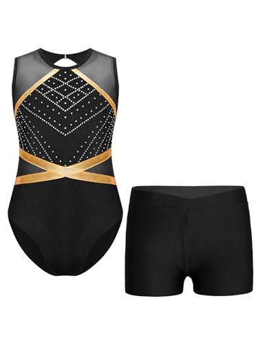 Xnihocha Mädchen Turnanzug Glitzer Gymnastikanzug Ärmellos Sportbody Leotard Ballett Trikot mit Shorts Ballettanzug Wettkampf Tanzkostüm Schwarz 134-140 von Xnihocha