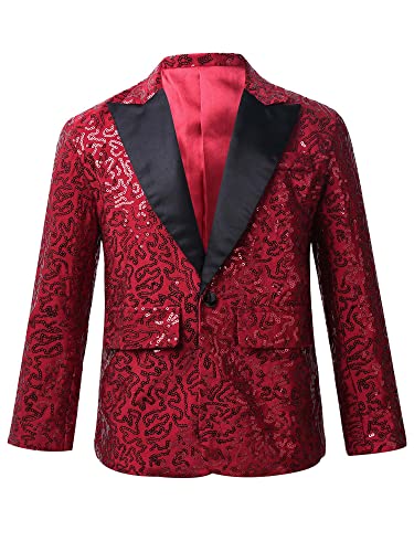 Xnihocha Party-Blazer für Jungen Pailletten Sakko Langarm Smoking Jacke mit Reverskragen Glänzende Mantel Slim Fit Tops Oberteil Burgundy 158-164 von Xnihocha