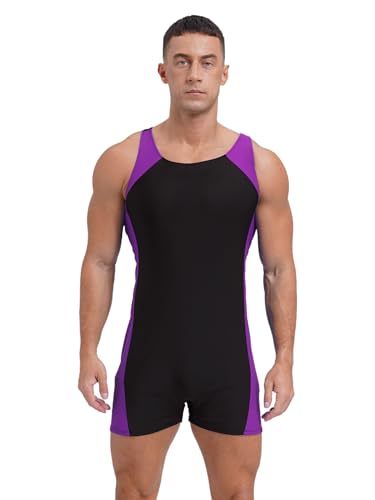 Xnihocha Sportlich Schwimmanzug Herren Ärmellos Badeanzug mit Bein Sport Bodysuit Jumpsuit Kurz Einteiler Overall UPF>50 Schutzkleidung Violett 3XL von Xnihocha
