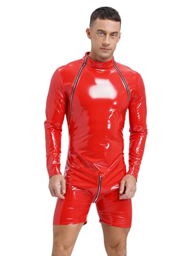 Xnihocha Wetlook Bodysuit Herren Langarm Leder Body Stretch Slim Fit Overall Catsuit Einteiliger Jumpsuit Unterhemd Nachtwäsche Rot XXL von Xnihocha