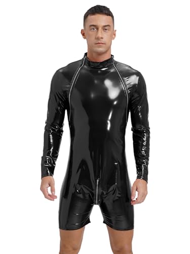Xnihocha Wetlook Bodysuit Herren Langarm Leder Body Stretch Slim Fit Overall Catsuit Einteiliger Jumpsuit Unterhemd Nachtwäsche Schwarz L von Xnihocha