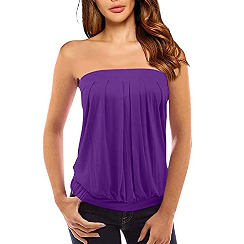 Xniral Damen Sommer Tube Top Schulterfrei Rueckenfrei Tops Party Bandeau Schlauchshirt mit Plissee (Lila, L) von Xniral