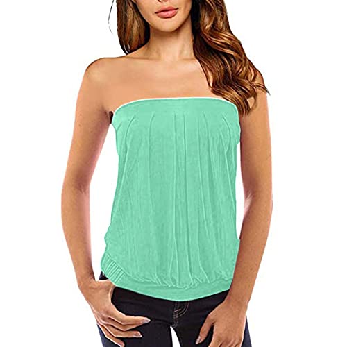 Xniral Damen Sommer Tube Top Schulterfrei Rueckenfrei Tops Party Bandeau Schlauchshirt mit Plissee (Minzgr黱, L) von Xniral