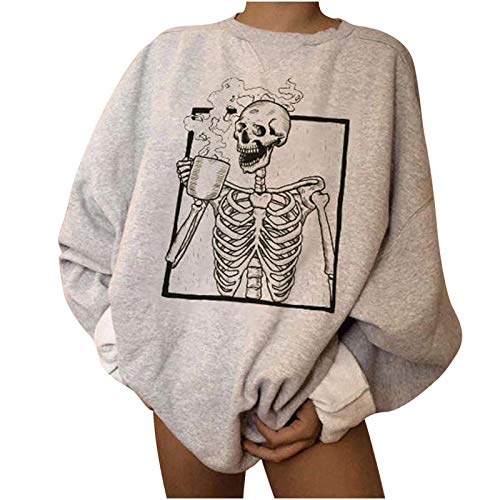 Xniral Halloween Pullover Skelett Tanzen Langarm Sweatshirt Damen Lose Rundhals Tops Bluse Herbst Winter Streetwear Oberteile(Grau 1,3XL) von Xniral