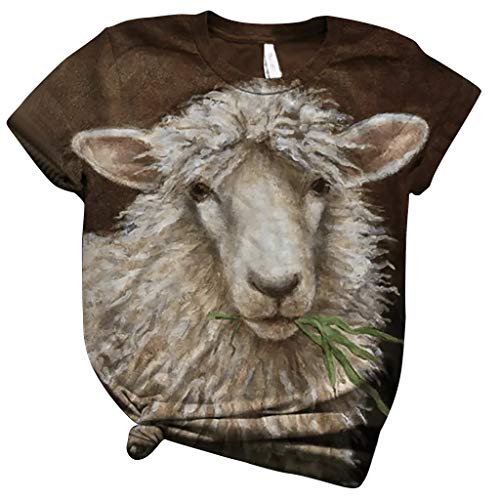 Xniral T-Shirt Damen Sommer Tierdruck Straßenmode 3D Kurzarm Farbmuster Grafische Ethnischer Stil Tops Bluse(Braun-Schaf,XXL) von Xniral