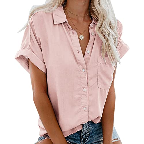 Damen Bluse Kurzarm, Knopf Oberteile Shirt Elegant, Casual Hemdbluse, Revers Kragen Business Blusenshirt, Stretch Einfarbig Blusen V-Ausschnitt Top Herbst Frühling Sommer(Rosa, L) von Xnova