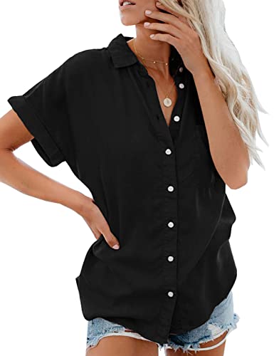 Damen Bluse Kurzarm, Knopf Oberteile Shirt Elegant, Casual Hemdbluse, Revers Kragen Business Blusenshirt, Stretch Einfarbig Blusen V-Ausschnitt Top Herbst Frühling Sommer(Schwarz, L) von Xnova