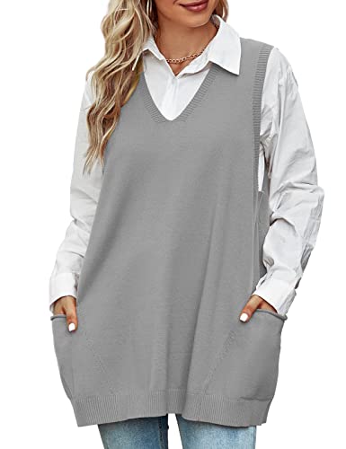 Damen Pullunder Oversize V-Ausschnitt, Stricken Weste Elegante, Strickpullover Ärmellos Lang Strickweste, Freizeit Sweater Vest Herbst Winter(Gris Clair, S) von Xnova