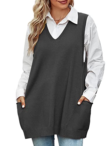 Damen Pullunder Oversize V-Ausschnitt, Stricken Weste Elegante, Strickpullover Ärmellos Lang Strickweste, Freizeit Sweater Vest Herbst Winter(Gris Fonce, S) von Xnova