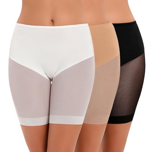 Unterhosen Damen Anti Chafing, Radlerhose Miederhose Hohe Taille, Unter Rock Kurze Hose Anti Rutsch, Nahtlose Miederpants Boxershorts, Kurze Leggings Elastisch(3 Pack Schwarz Hautfarbe Weiß, XL) von Xnova